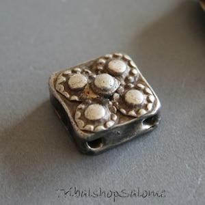 Old Square Gilgit Silver Beads with Two Holes, 15 x 15 mm