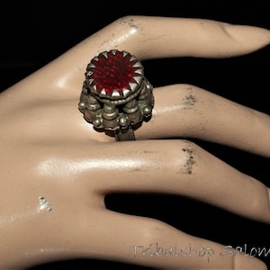 Vintage Afghan Silver Tribal Ring with Red Glass Jewel, Ethnic Sterling Statement Ring, US Size 9, Collectors Piece,