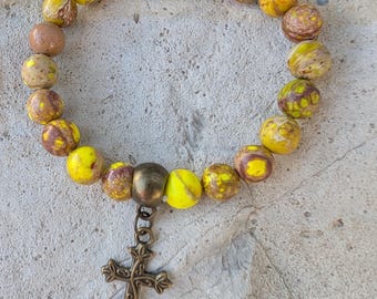 Yellow Sediment Jasper Beaded Bracelet with Brasstone Cross Pendant, for an Arm Circumference of 5.9 - 6.3 inch