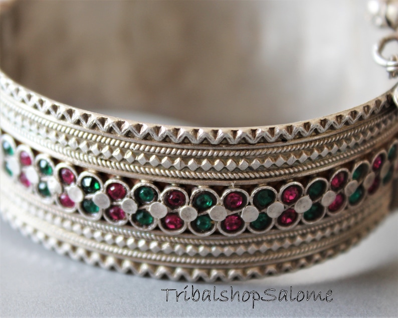 Old Filigree Balochi Silver Tribal Bracelet with Hinge and Pink and Green Jewels 79 g Sterling Silver Ethnic Tribal Jewelry