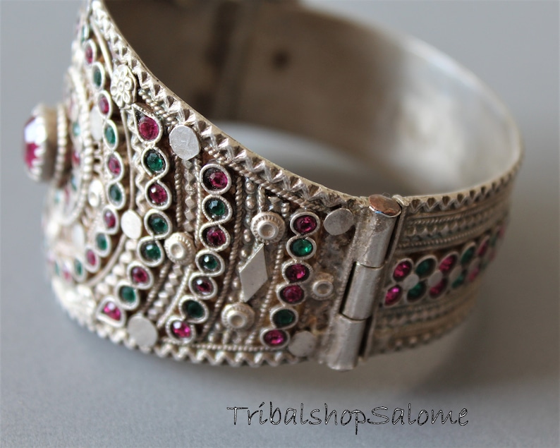 Old Filigree Balochi Silver Tribal Bracelet with Hinge and Pink and Green Jewels 79 g Sterling Silver Ethnic Tribal Jewelry