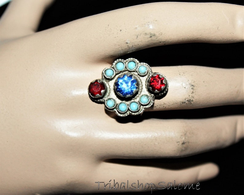 Collectors Piece Gift for Her Vintage Afghan Silver Ring with Glass Jewels US 8 Old Ethnic Tribal Nomad Ring
