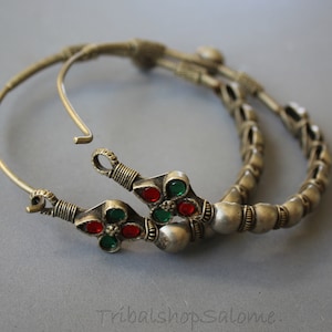 Huge Old Tribal Kashmiri Hoop Earrings with Jewels, 8 cm / 3.15 &quot; Diameter
