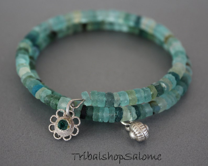 Unique Handmade Glass Bracelet 2-Row Bracelet of Ancient Roman Glass Beads with 2 Silver Charms