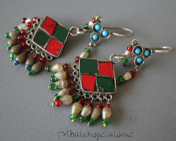 Old Authentic Rare Afghan Silver Earrings with Re… - image 2
