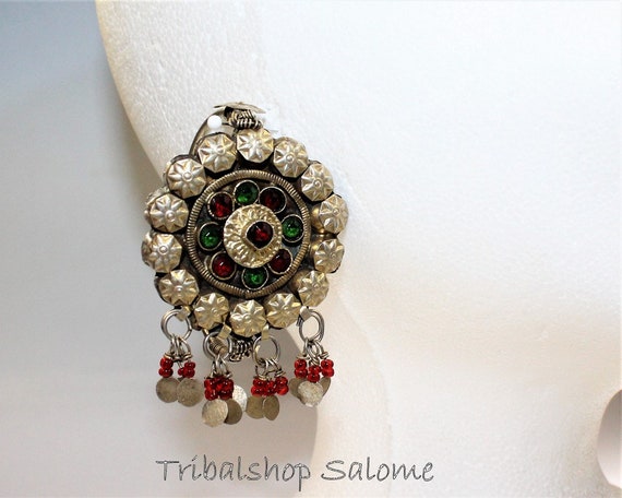 Gilded Afghan Silver Earrings with Red and Green … - image 8