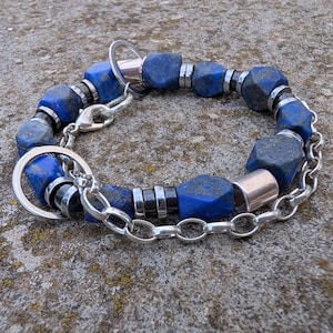 Lapis Lazuli Mens Bracelet, Lapis Nuggets and Hematite Gemstone Double Bracelet with Chain, Beaded Bracelet for 7 - 7.5 in Arm Circumference