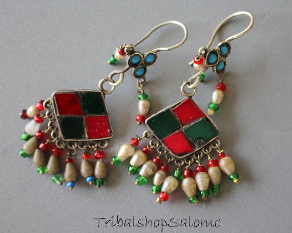 Old Authentic Rare Afghan Silver Earrings with Re… - image 1