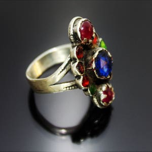 Vintage Afghan Silver Ring, Old Ethnic Tribal Nomad Ring with Colorful Glass Jewels, US Size 9, Collectors Piece, Gift for Her