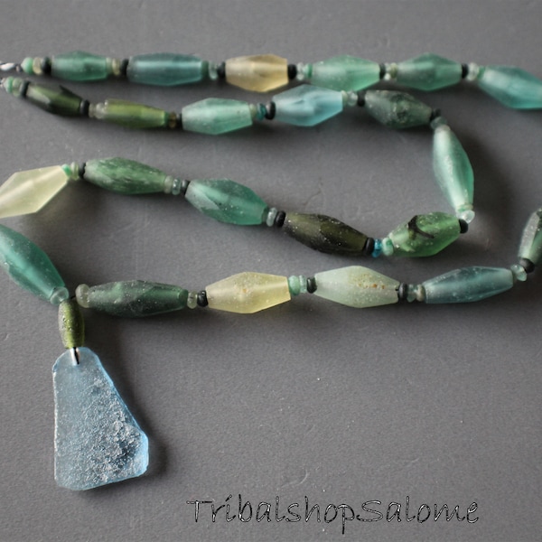 Longish Ancient Roman Glass Beads, Strand 40 cm /15 - 15.5 " long, App. 22 Pieces, Glass Necklace