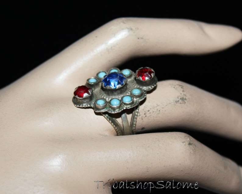 Collectors Piece Gift for Her Vintage Afghan Silver Ring with Glass Jewels US 8 Old Ethnic Tribal Nomad Ring