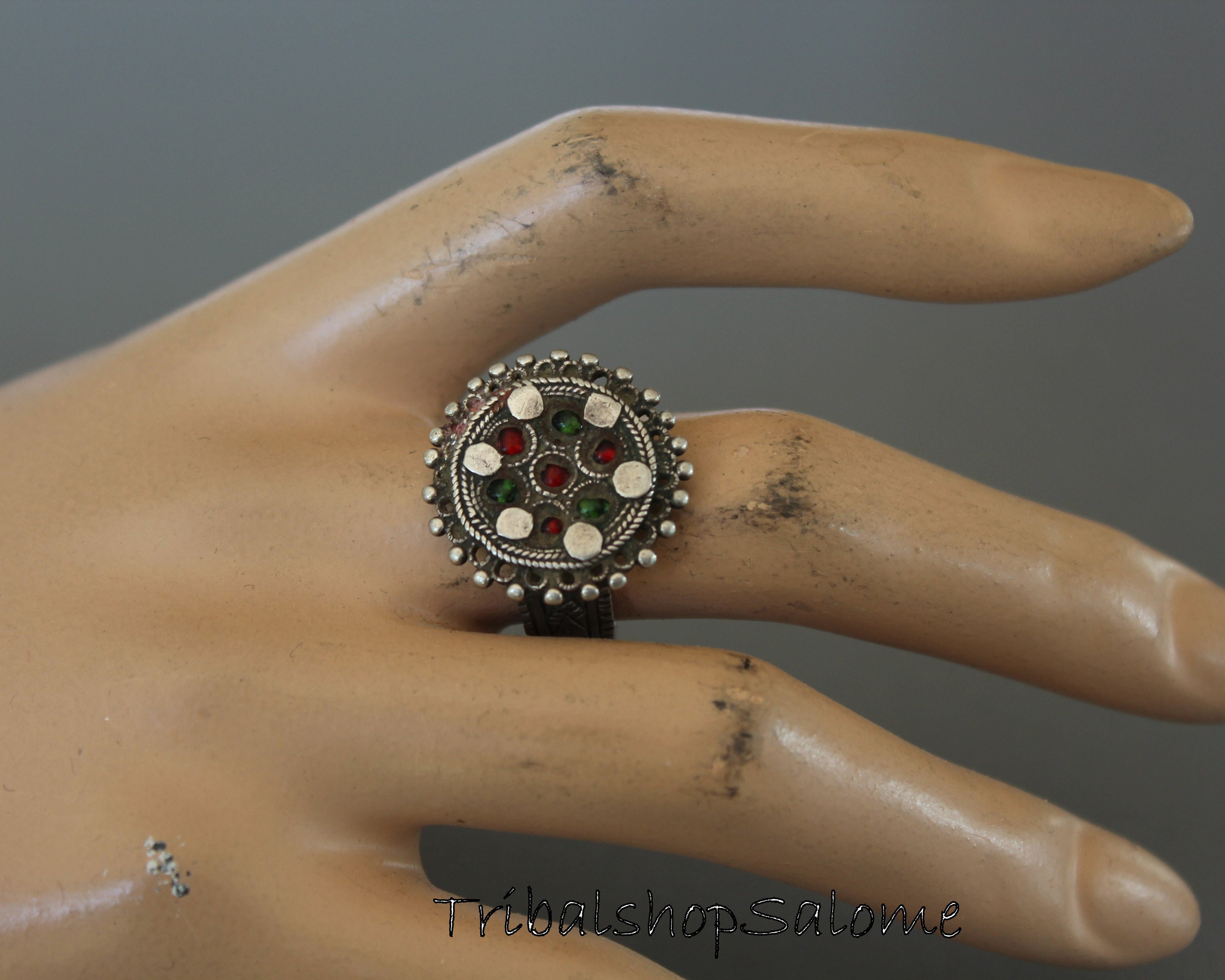 Vintage Balochi Silver Ring With Red and Green Jewels, US Size 8, Nomad ...