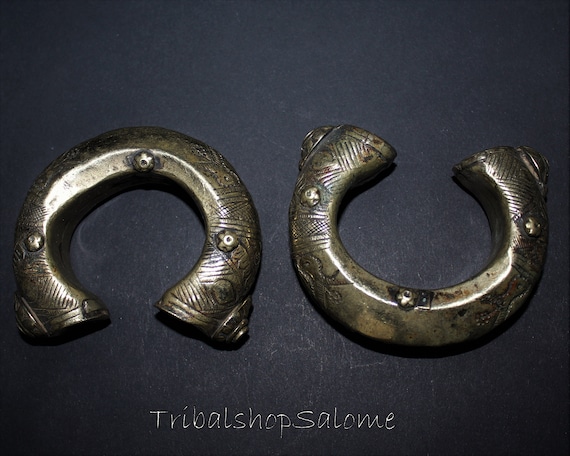1 Pair Old Brass Tribal Nomad Elefant Leg Bracele… - image 1