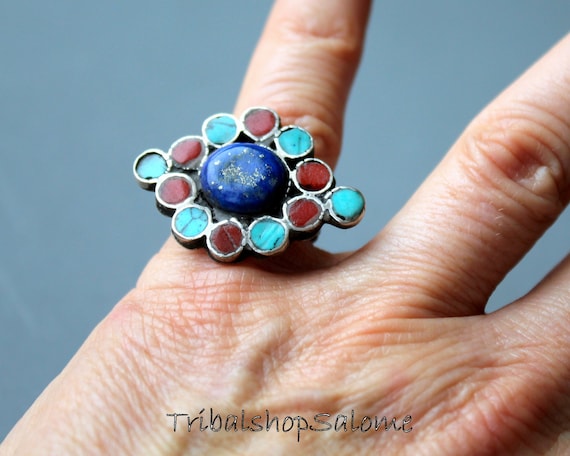 Afghan Silver Ring with Lapislazuli, Turquoise an… - image 7