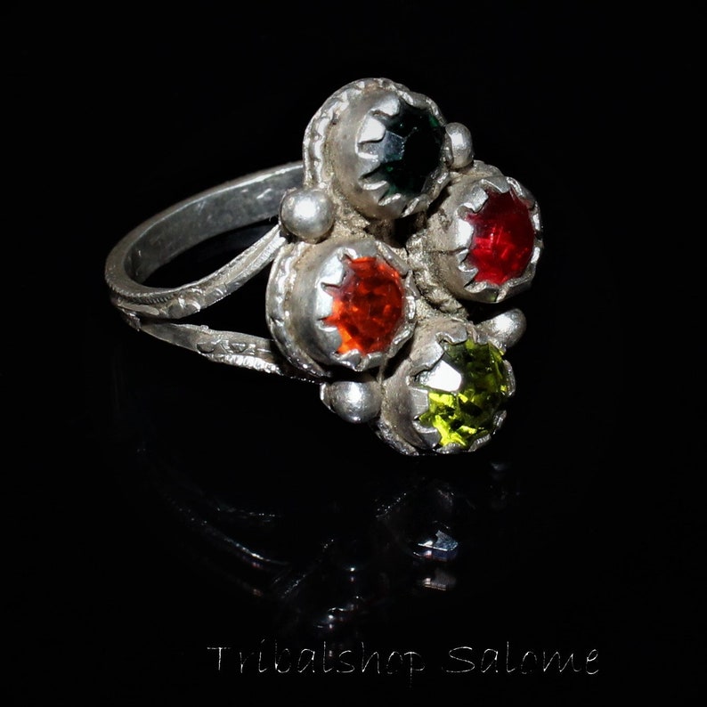 Gift for Her Old Ethnic Tribal Nomad Ring US Size 9 Collectors Piece Vintage Afghan Silver Ring with Glass Jewels