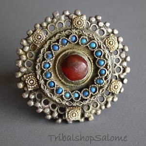 Big Afghan Silver Ring with Turquoise Beads, US Size 8