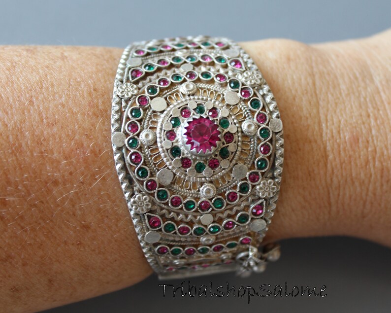 Old Filigree Balochi Silver Tribal Bracelet with Hinge and Pink and Green Jewels 79 g Sterling Silver Ethnic Tribal Jewelry
