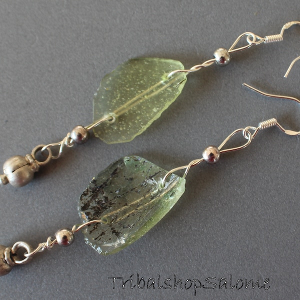 Ancient Roman Glass Shard Earrings, Handmade Glass Earrings with Silver Bell Charm, Gift for Her
