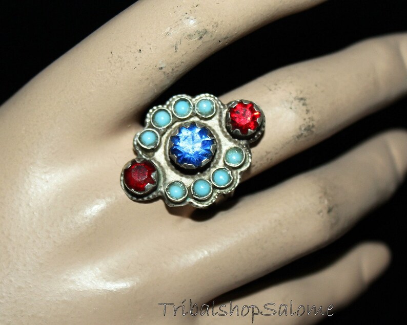 Collectors Piece Gift for Her Vintage Afghan Silver Ring with Glass Jewels US 8 Old Ethnic Tribal Nomad Ring