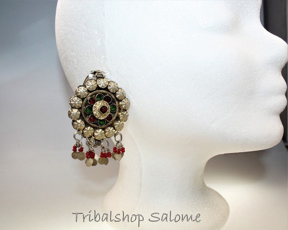 Gilded Afghan Silver Earrings with Red and Green … - image 9