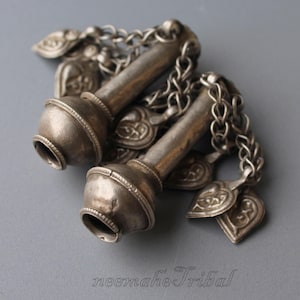 Pair of Old Silver Pipe Beads with Dangles, 49 mm long, Old Ethnic Silver Beads