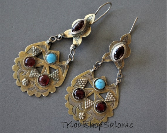 Boucles D'oreilles Anciennes En Argent Massif Traditionnel - Style Boucle, Pierre Rouge