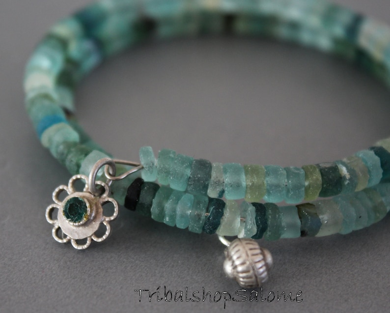 Unique Handmade Glass Bracelet 2-Row Bracelet of Ancient Roman Glass Beads with 2 Silver Charms