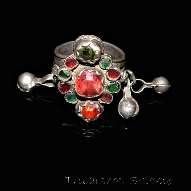 Collectors Piece Old Ethnic Tribal Nomad Ring Gift for Her US Size 8 Vintage Afghan Silver Ring with Glass Jewels and Bells