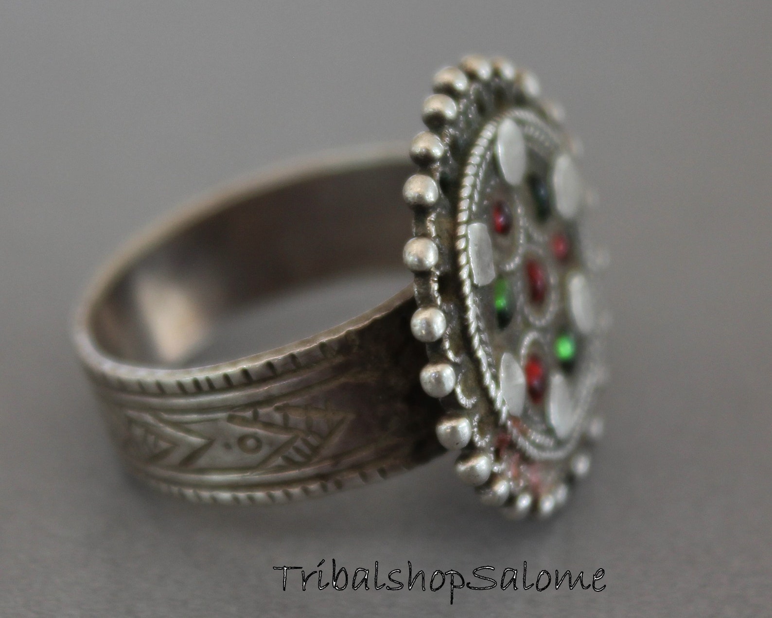 Vintage Balochi Silver Ring With Red and Green Jewels, US Size 8, Nomad ...