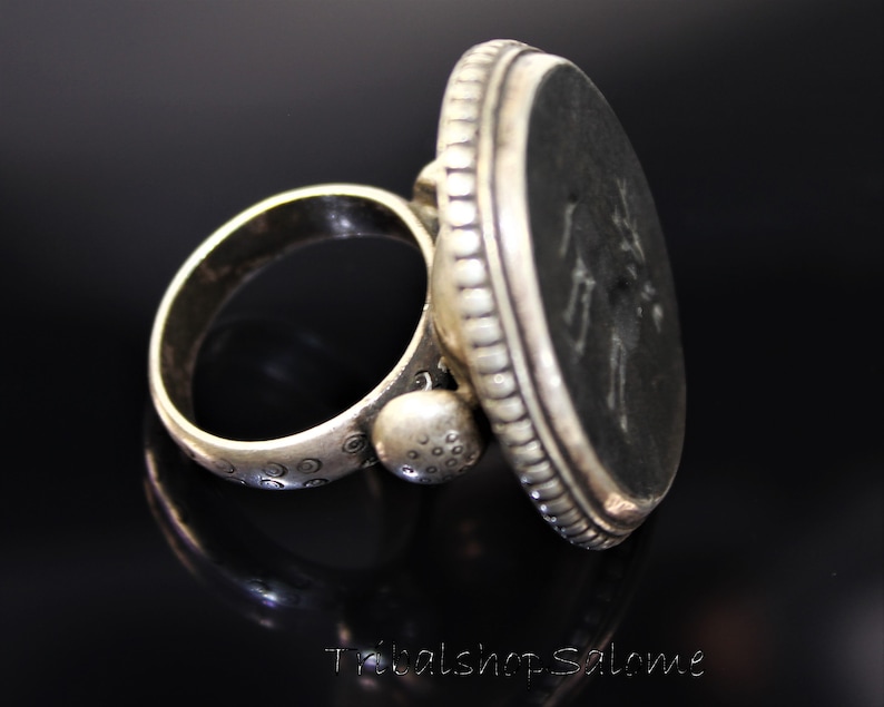 Vintage Afghan Sterling Silver Ring with Flat Black Onyx and Gazelle Nomad Mens Ring Ethnic Jewelry US Size 11