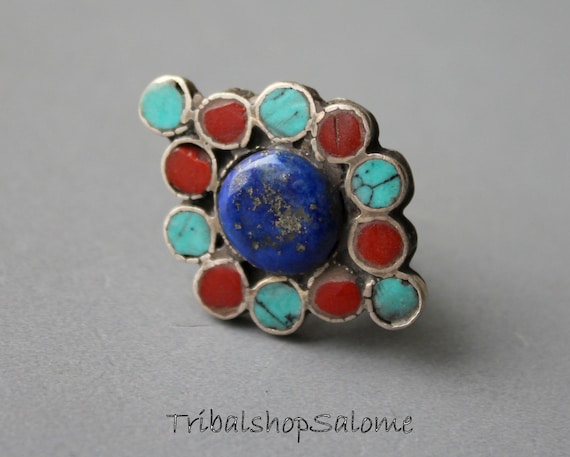 Afghan Silver Ring with Lapislazuli, Turquoise an… - image 6