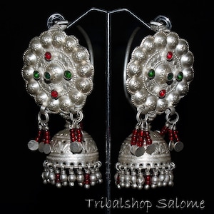 Big Vintage Afghan Sterling Silver Jhumka Earrings with Red and Green Glass Jewels, Rare Ethnic Tribal Earrings, Unique Collectors Pieces,