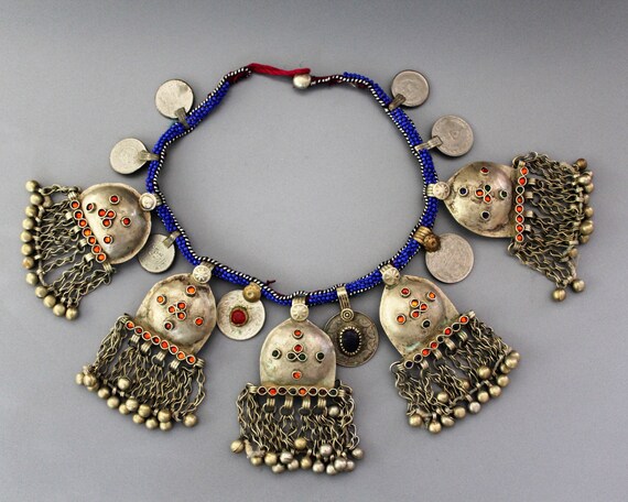 Vintage Tribal Necklace with Puff Pendants, Baloch