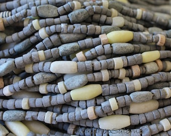 Grey and White Handcarved Glass Beads of Recycled Glass, 40-45 cm / 15 - 17&quot; long Strand, Casual Hippie Boho Necklace, Hippie Jewelry DIY