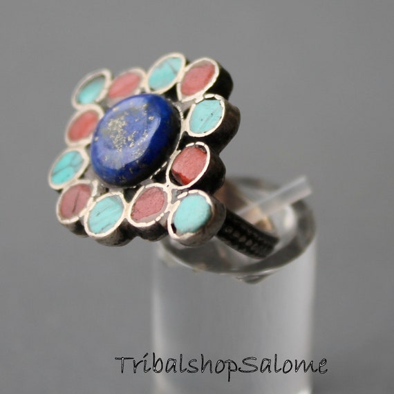 Afghan Silver Ring with Lapislazuli, Turquoise an… - image 3