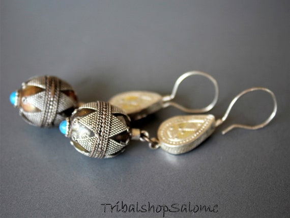 Kazakh Goldwashed Silver Tribal Earrings with Tur… - image 1