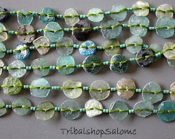 Ancient Roman Glass Beads, 1 Strand 38 cm / 15 in long with app. 25 Disc Beads, Mostly Blue and Green Shades