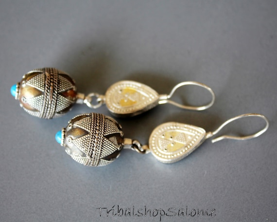 Kazakh Goldwashed Silver Tribal Earrings with Tur… - image 2
