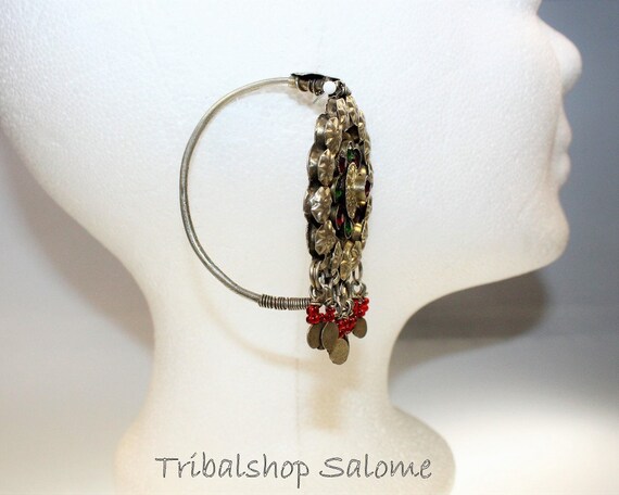 Gilded Afghan Silver Earrings with Red and Green … - image 10