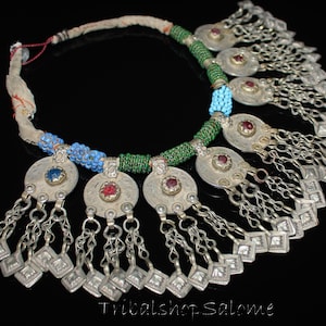 Vintage Authentic Balochi Coin Necklace, Green and Blue Tribal Necklace with 8 Coin-Pendants with Dangles,