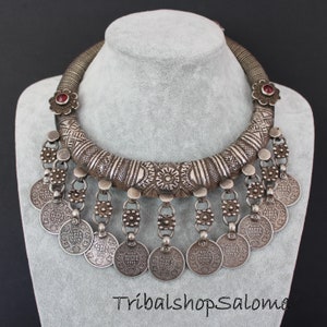 Old Pakistani Torc with Silvercoins and Red Glass Jewels, 280 g, Sterling Silver Neckring, Collectors Piece, Tribal Jewelry