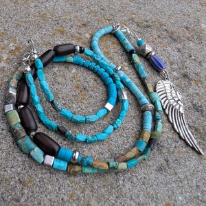 Turquoise Necklace with Wing Pendant, Unisex Boho Hippie Chic Necklace with Genuine Turquoise