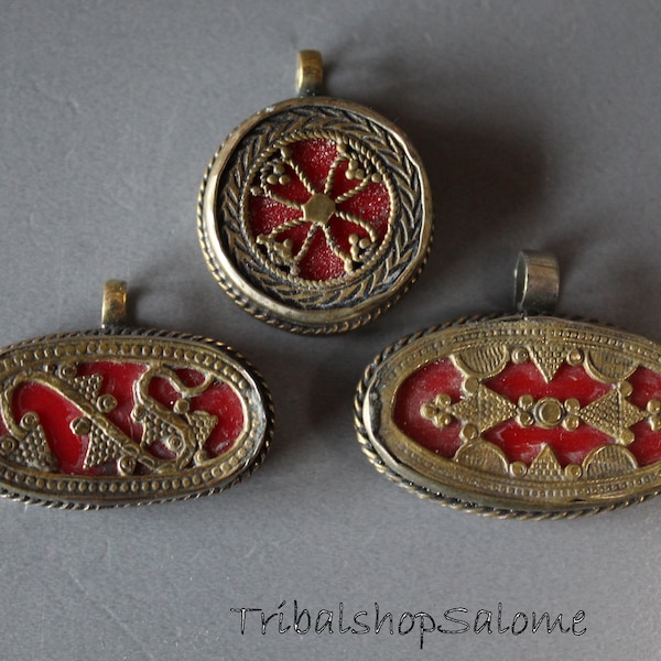 Set of 3 Little Turkmen Kazakh Pendants with Red Glass