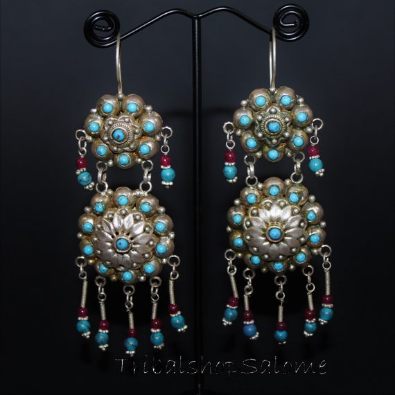 Central Asia Boho Hippie Statement Bukharai Design Turkoman Silver Earrings from Afghanistan Silk Road Jewelry Ethnic Earrings