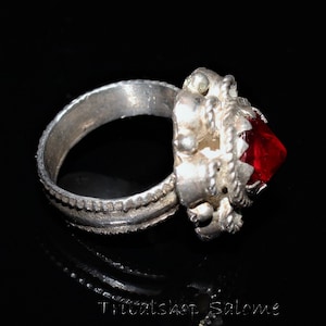 Vintage Afghan Silver Ring with Red Glass Jewel, Old Ethnic Tribal Nomad Ring, US Size 6, Collectors Piece, Gift for Her