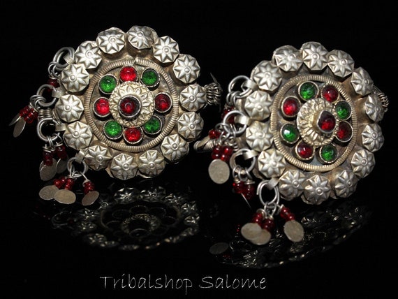 Gilded Afghan Silver Earrings with Red and Green … - image 1