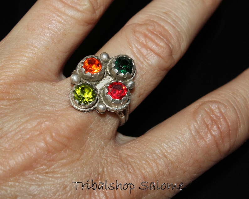 Gift for Her Old Ethnic Tribal Nomad Ring US Size 9 Collectors Piece Vintage Afghan Silver Ring with Glass Jewels
