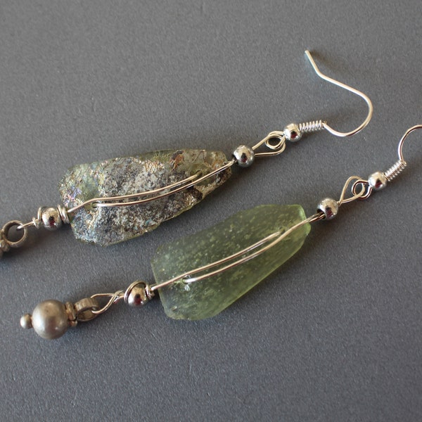 Ancient Roman Glass Shard Earrings, Handmade Glass Earrings with Silver Bell Charm, Gift for Her