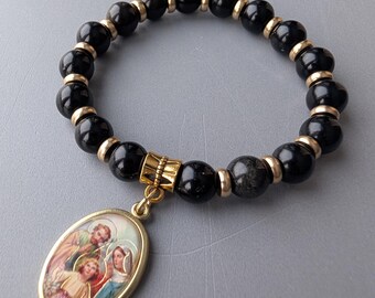 Gold Obsididan Beaded Bracelet with Holy Family Medallion, for an Arm Circumference of 16 - 17 cm / 6.3 - 6.5 inch