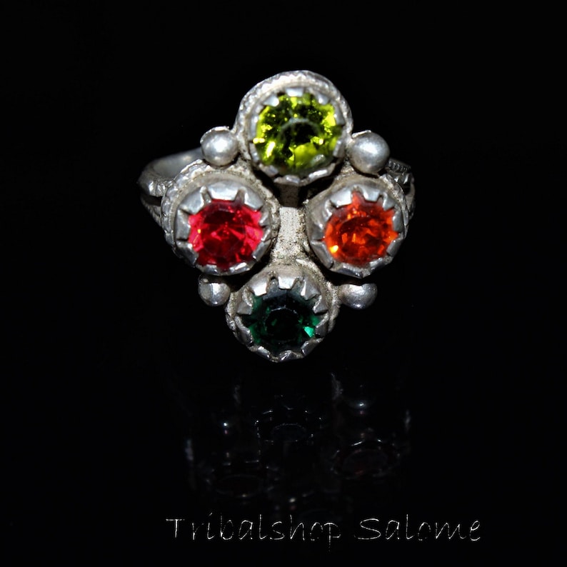 Gift for Her Old Ethnic Tribal Nomad Ring US Size 9 Collectors Piece Vintage Afghan Silver Ring with Glass Jewels
